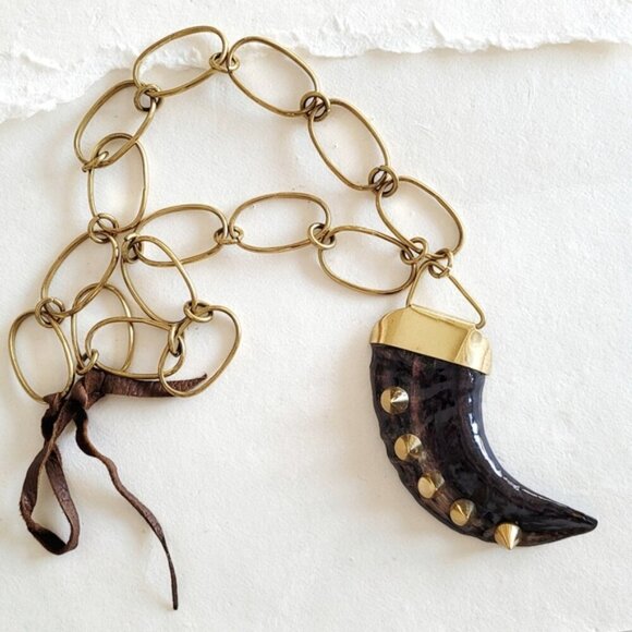 Brass Studded Antler Necklace Large Link Chain - Picture 2 of 2